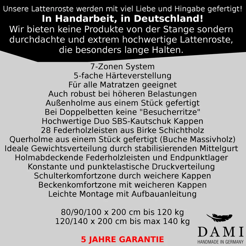 Basic Lattenrost 140x200 cm, aus Buchenholz, 7 Zonen mit Härteverstellung