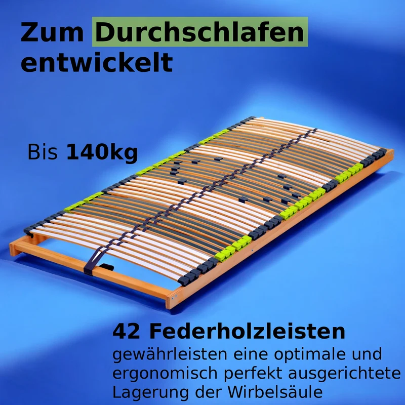 Relax Lattenrost 90x200 cm, Kopfteil verstellbar, aus Buchenholz, 7 Zonen mit Härteverstellung