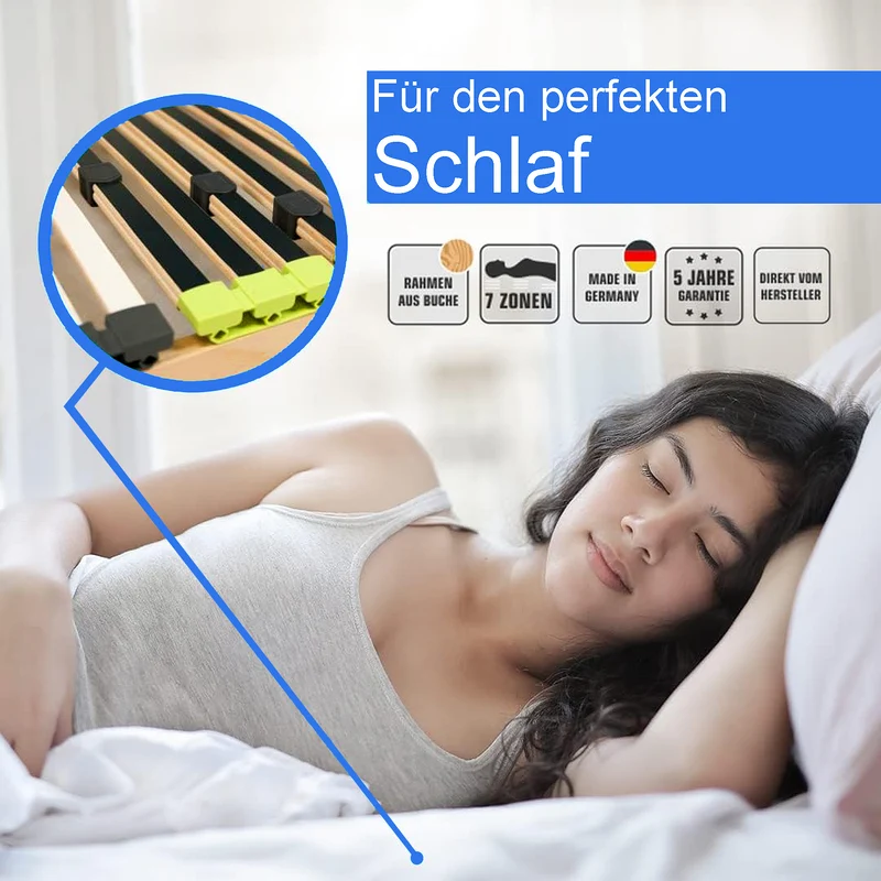 Relax Lattenrost 90x200 cm, Kopfteil verstellbar, aus Buchenholz, 7 Zonen mit Härteverstellung