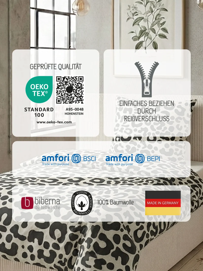 biberna Melange-Flanell Bettwäsche Animal Print – Grau (0847267)