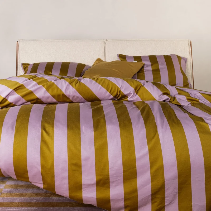 Essenza Minte Stripe Pale Purple-Olive Satin Bettwäsche