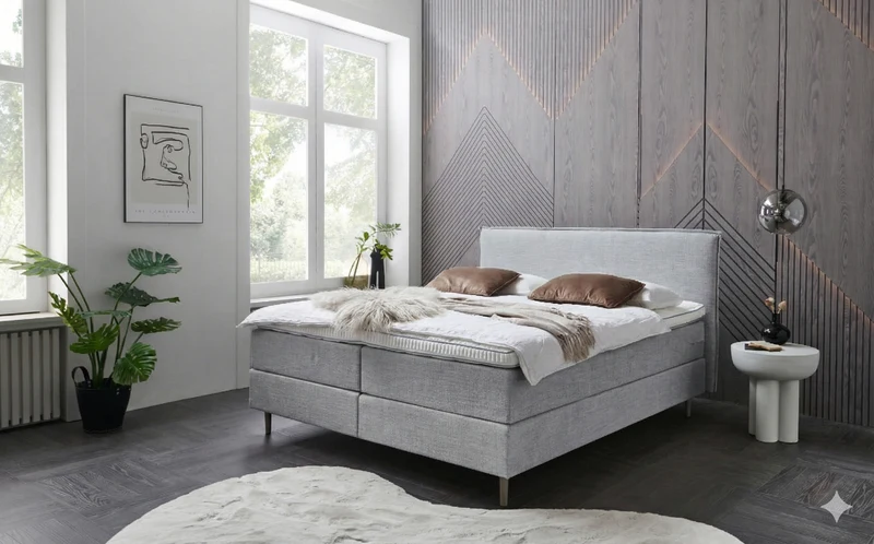 Boxspringbett (BD-700) 140/160/180x200. Stoff grau, beige, H3, schnell lieferbar