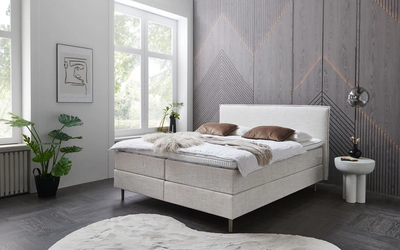 Boxspringbett (BD-700) 140/160/180x200. Stoff grau, beige, H3, schnell lieferbar