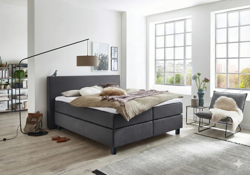 Boxspringbett (BD-600) 140/160/180x200 Stoff anthrazit & beige, H3