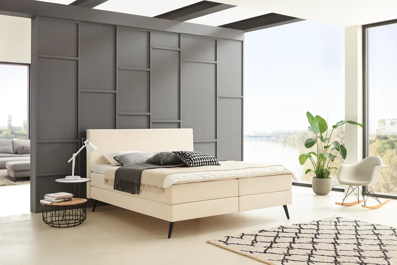 Boxspringbett (BD-450) 140/160/180x200, Stoff beige, anthrazit, H3, schnell lieferbar
