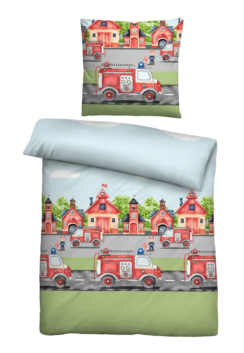 biberna Feinbiber Kinderbettwäsche Feuerwehr – Pistaziengrün (0004523)