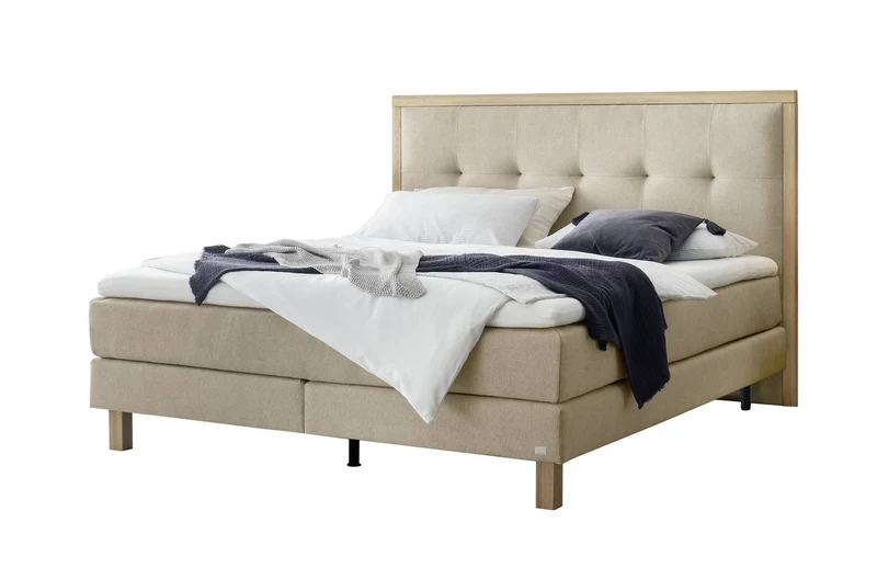Nordic Boxspringbett Beige – gestepptes Kopfteil, Wendematratze H2/H3