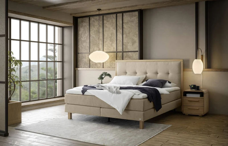 Nordic Boxspringbett Beige – gestepptes Kopfteil, Wendematratze H2/H3