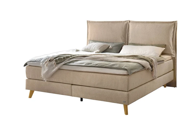 Suvi Boxspringbett Beige – Kissen-Kopfteil, Wendematratze H2/H3