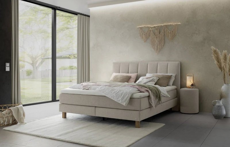 Liva Boxspringbett Hellgrau – gestepptes Kopfteil, Wendematratze H2/H3
