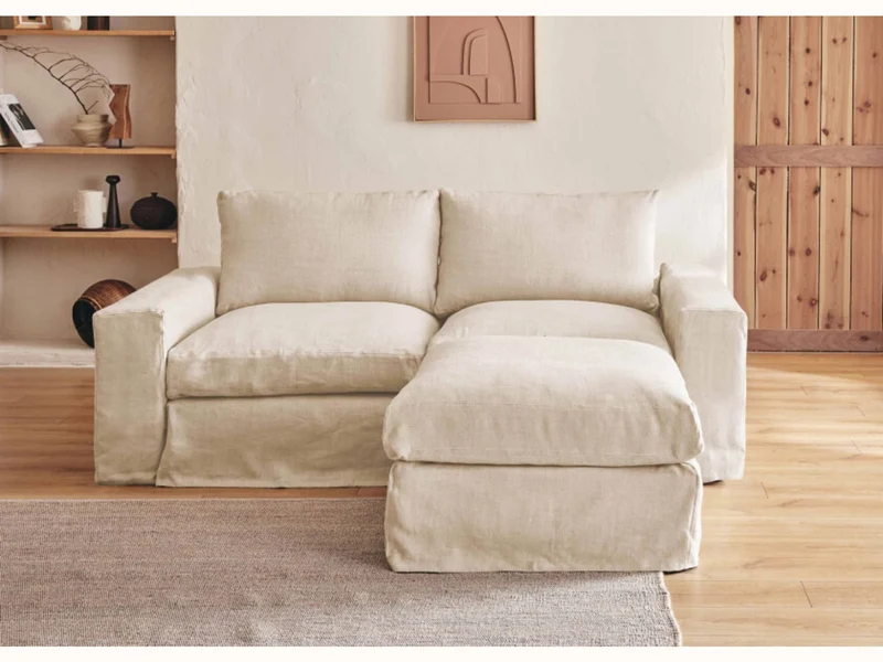 Canapé 2-3 places d'angle avec pouf en lin LENO
