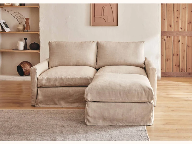 Canapé 2-3 places d'angle avec pouf en lin LENO