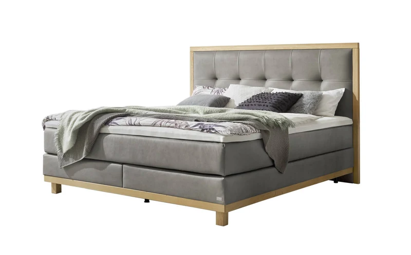 Manor Boxspringbett Anthrazit – Kopfteil mit Karosteppung & Holzrahmen, Wendematratze H2/H3