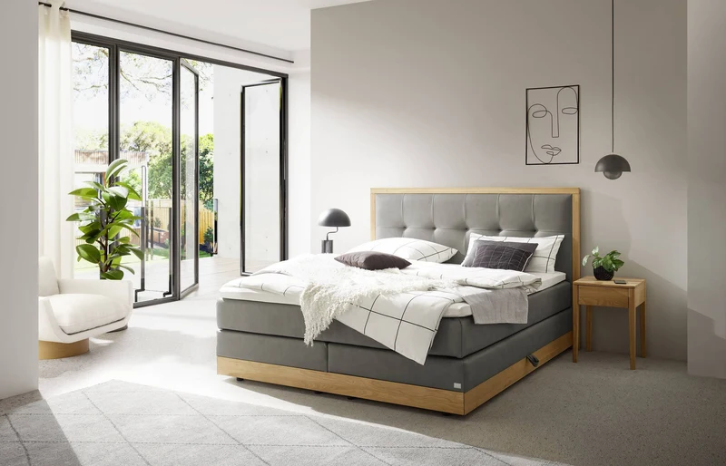 Manor XL Boxspringbett Anthrazit – Kopfteil mit Karosteppung & Holzrahmen, Wendematratze H2/H3