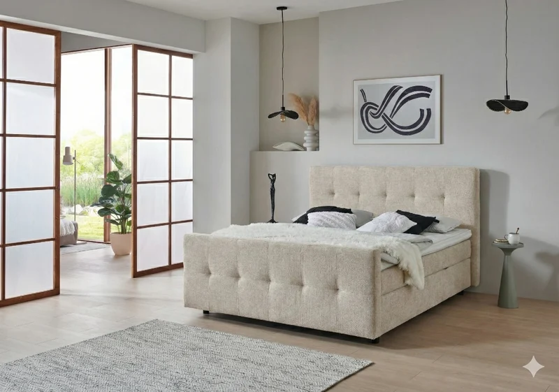 Boxspringbett BD-300 mit Bettkasten 140/160/180x200 Stoff grau/beige, H3, schnell lieferbar