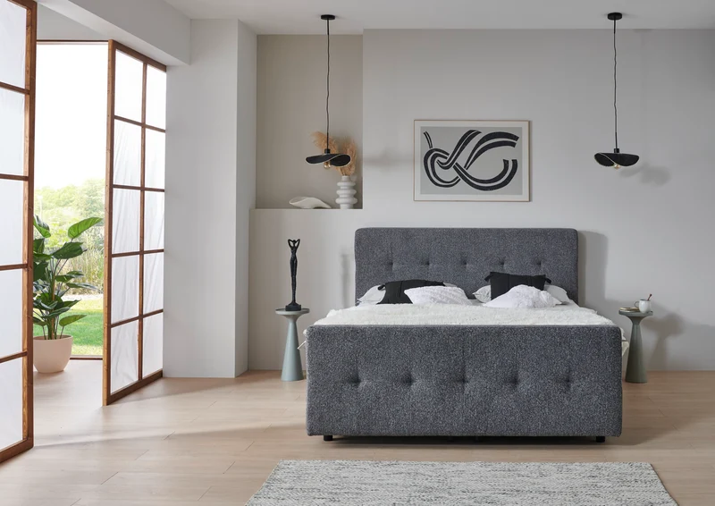Boxspringbett BD-300 mit Bettkasten 140/160/180x200 Stoff grau/beige, H3, schnell lieferbar