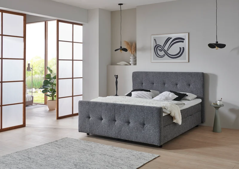 Boxspringbett BD-300 mit Bettkasten 140/160/180x200 Stoff grau/beige, H3, schnell lieferbar