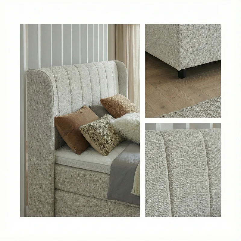 Boxspringbett BD-200, mit Bettkasten 140/160/180x200, Stoff beige & grau, H3, schnell lieferbar