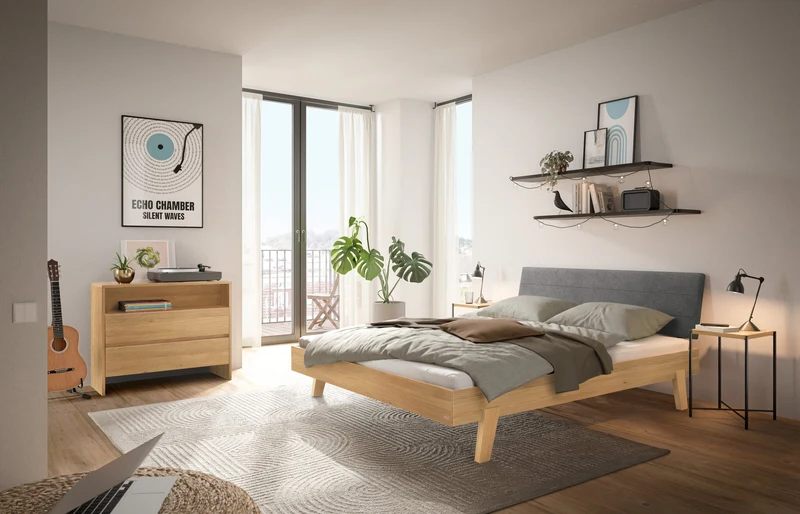 Hasena Massivholzbett Vasto Eiche bright mit Polsterkopfteil Pace grey