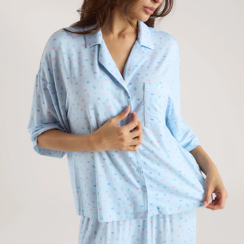 Modal Pyjama-Shirt mit kurzen Ärmeln - Florales Blau