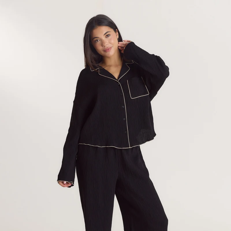 Crinkle Pyjamahemd - Schwarz