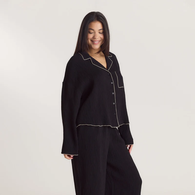 Crinkle Pyjamahemd - Schwarz