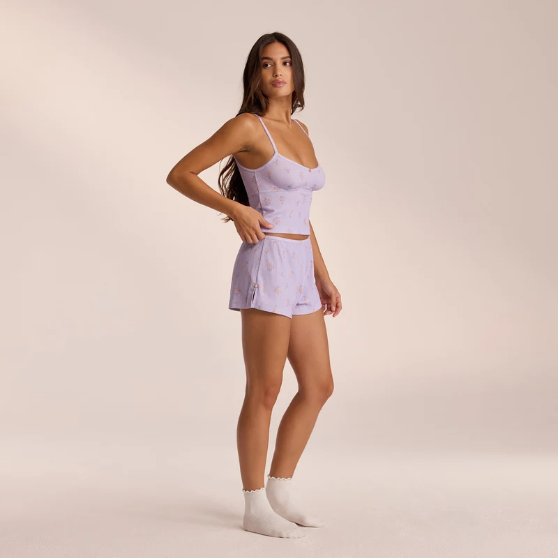Pointelle Pyjamashorts - Florales Flieder