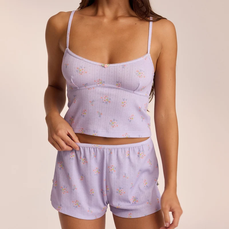 Pointelle Cami Pyjamatop - Florales Flieder