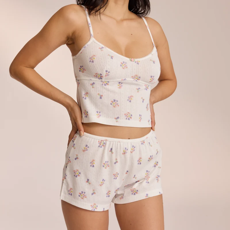 Pointelle Pyjamashorts - Florales Weiß