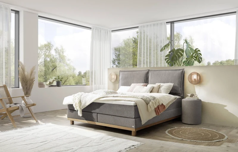 Hasena Boxspringbett Zamora Eiche bright mit Bezug Pace Grey und Topper