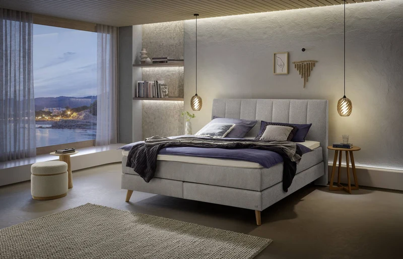 Hasena Boxspringbett Fernanda Eiche bright mit Bezug Pace light grey