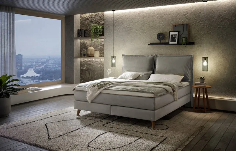 Hasena Boxspringbett Ricarda Eiche bright mit Topper, Bezug Monet steel