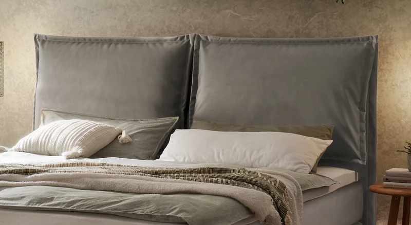 Hasena Boxspringbett Ricarda Eiche bright mit Topper, Bezug Monet steel