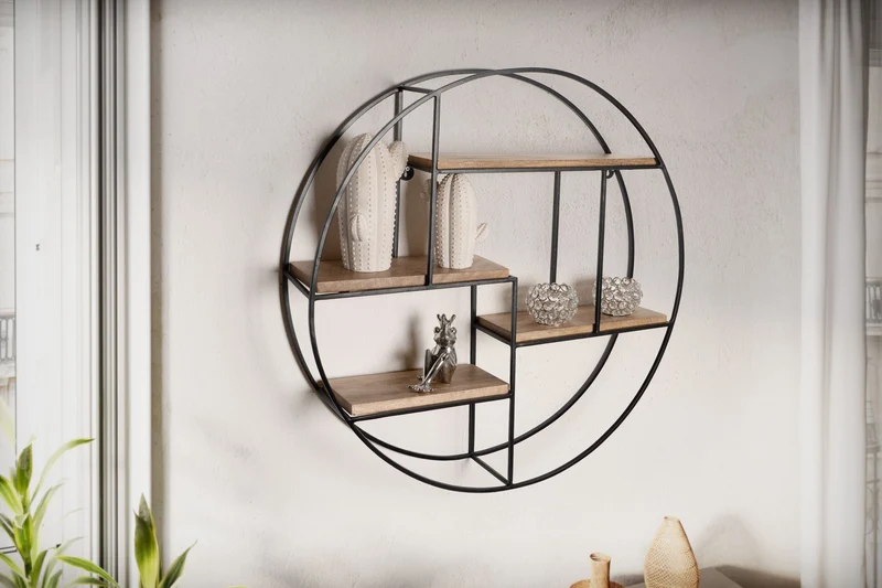 Wandregal Rund 70x70x18cm Mango Massivholz Metall Industrial Design