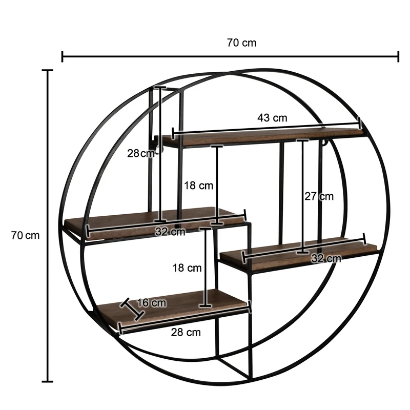 Wandregal Rund 70x70x18cm Mango Massivholz Metall Industrial Design