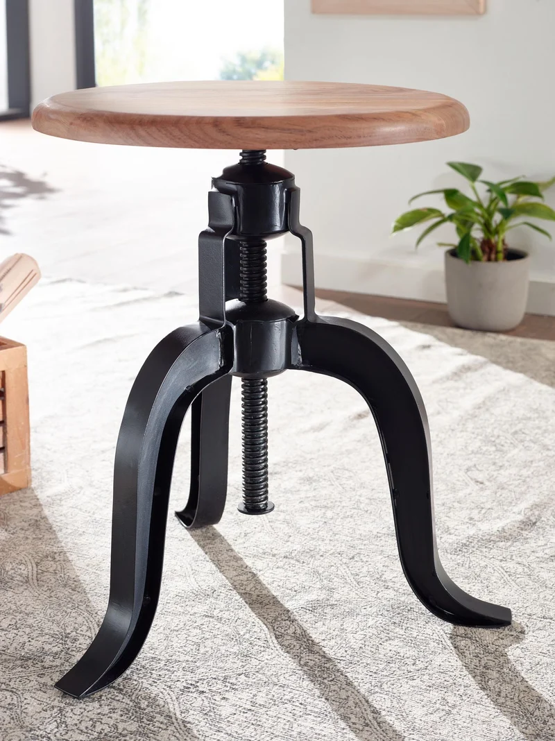 Drehhocker Akazie Massivholz Metall Schwarz Höhenverstellbar Industrie