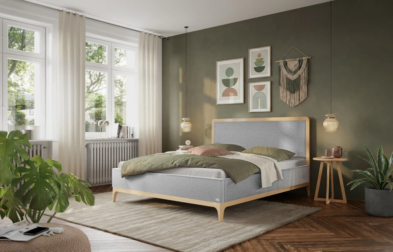 Hasena Polsterbett Soledad Eiche bright mit Bezug Pace Light Grey