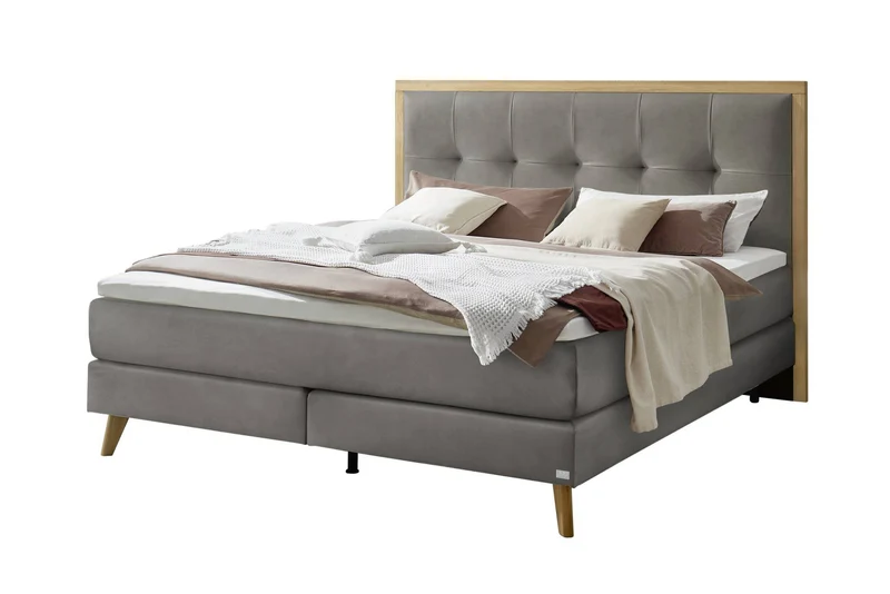 Hasena Boxspringbett Marisol in Eiche bright mit Monet-Bezug Grau/Braun