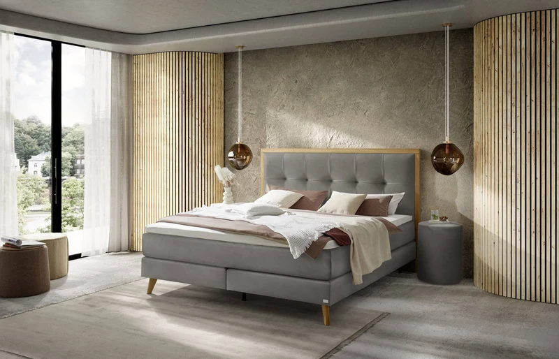 Hasena Boxspringbett Marisol in Eiche bright mit Monet-Bezug Grau/Braun