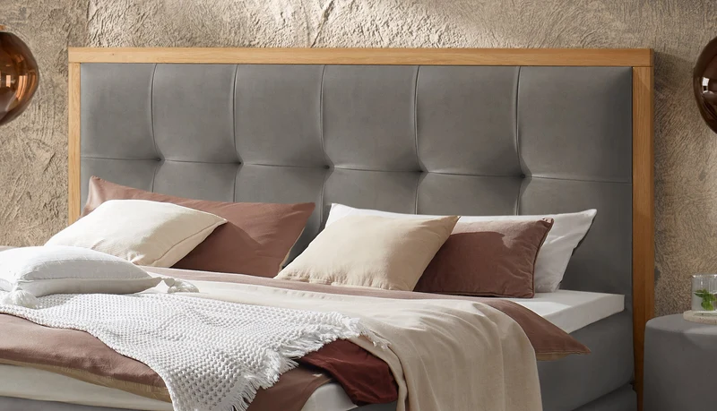 Hasena Boxspringbett Marisol in Eiche bright mit Monet-Bezug Grau/Braun
