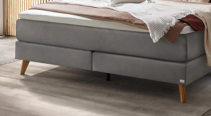 Hasena Boxspringbett Marisol in Eiche bright mit Monet-Bezug Grau/Braun