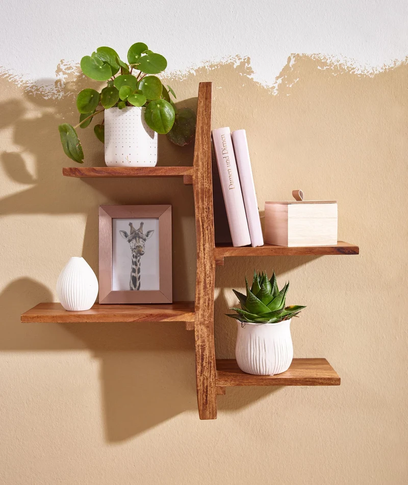 Wandregal Baum-Form Sheesham Massivholz 58x60x15cm Modern