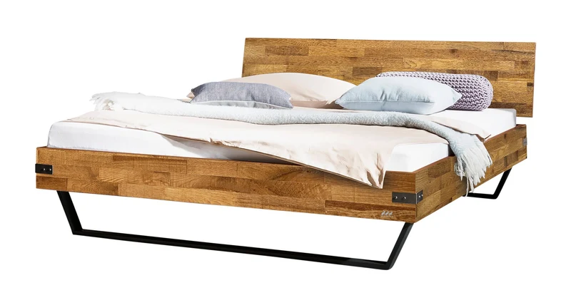 Hasena Bett Ezzo Industrial-Loft aus Akazie Massivholz mit Metallkufen