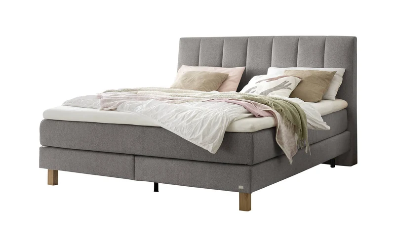 Hasena Boxspringbett Reina Eiche bright mit grauem Bezug & Topper