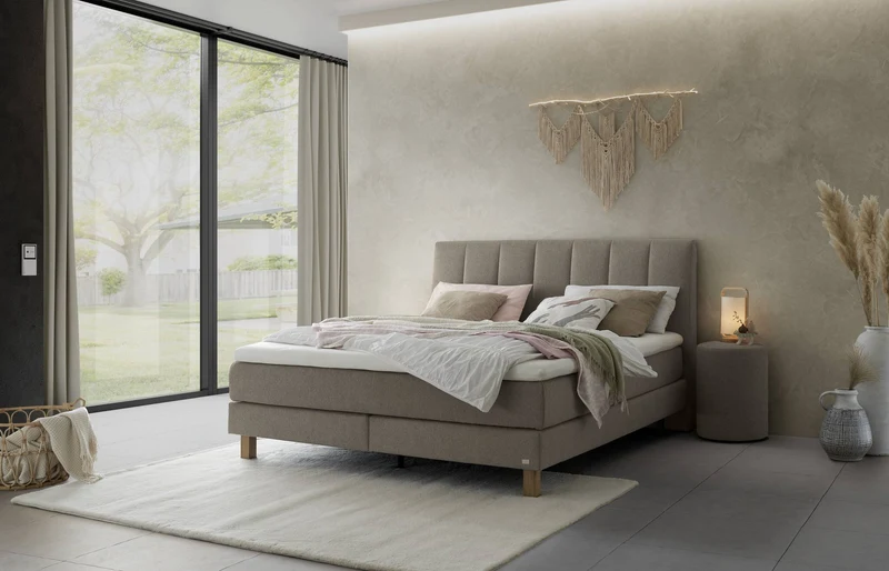 Hasena Boxspringbett Reina Eiche bright mit grauem Bezug & Topper