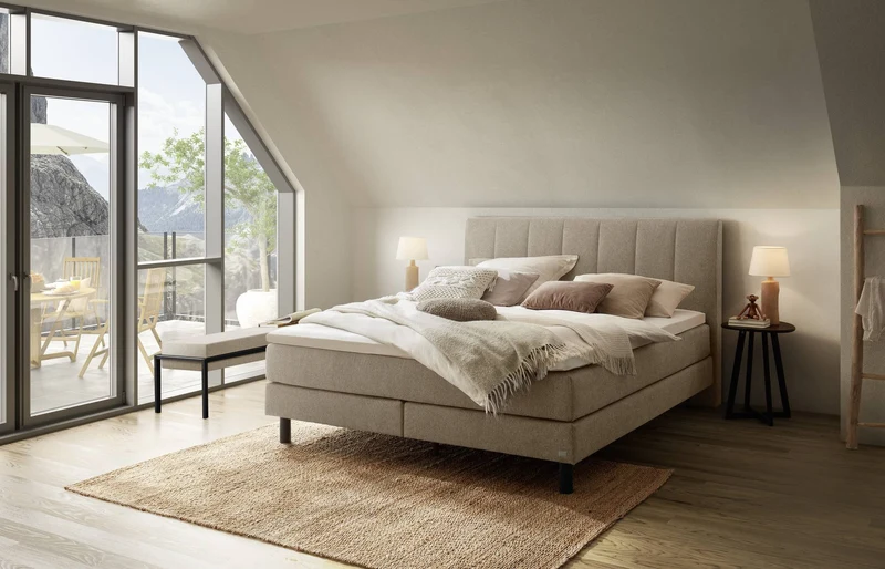 Hasena Boxspringbett Donna mit Topper, Bezug Pace Sand, Metallfüße Schwarz