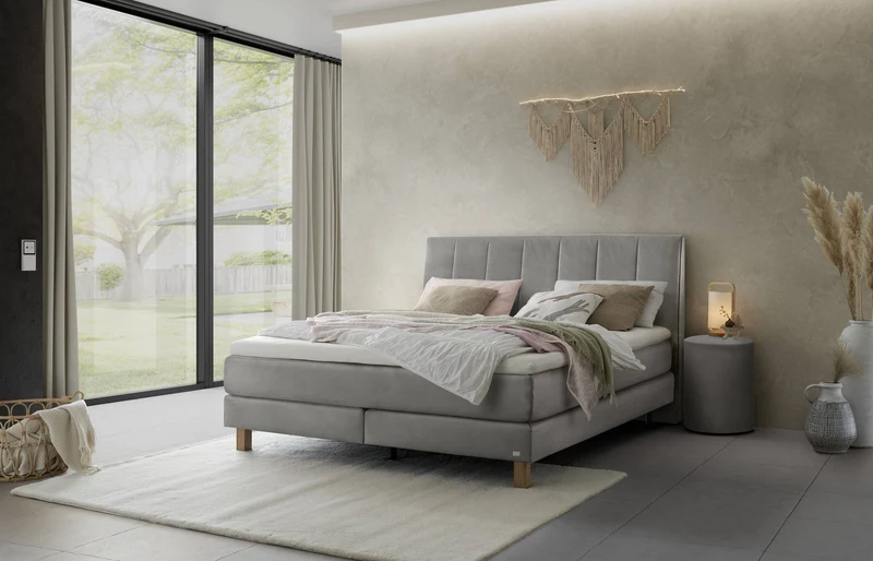 Hasena Boxspringbett Reina Eiche bright geölt mit Monet-Bezug Grau
