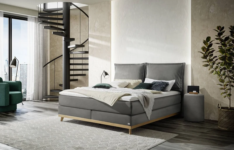 Hasena Boxspringbett Imelda Eiche bright mit Monet-Bezug Grau/Braun