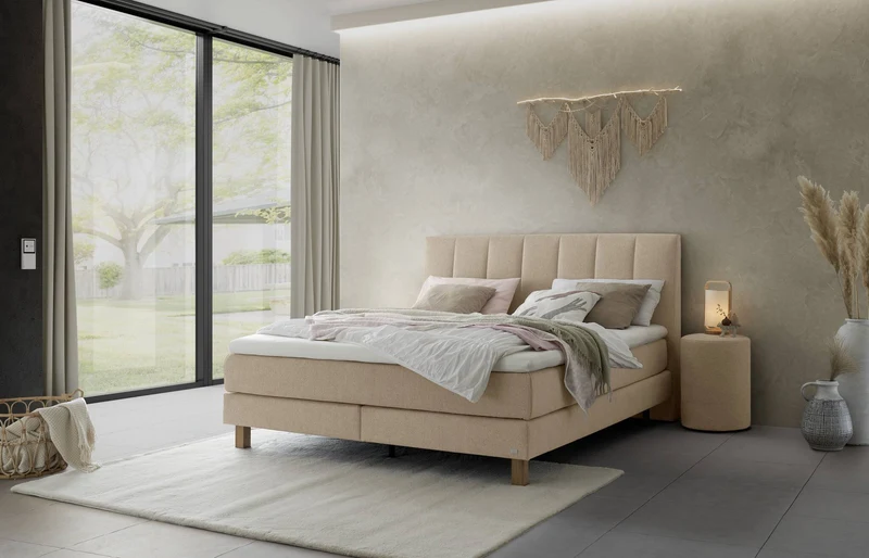Hasena Boxspringbett Reina Eiche bright mit Bezug Pace Sand und Topper