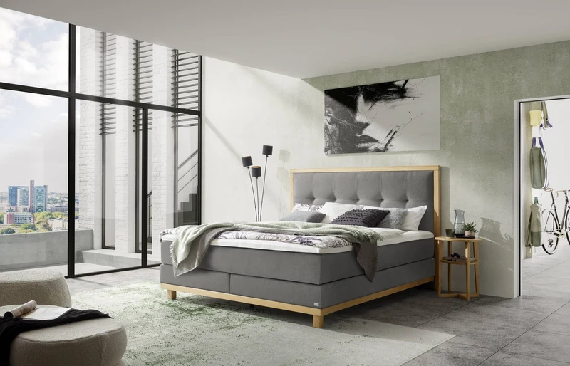 Hasena Boxspringbett Cecilia in Eiche bright geölt mit Bezug Pace Grey